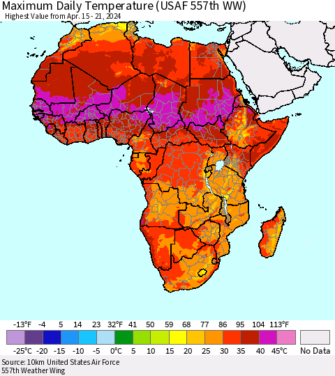 Africa Maximum Daily Temperature (USAF 557th WW) Thematic Map For 4/15/2024 - 4/21/2024