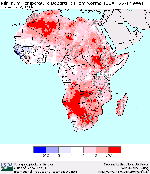 Africa Mean Minimum Temperature Departure from Normal (USAF 557th WW) Thematic Map For 3/4/2019 - 3/10/2019