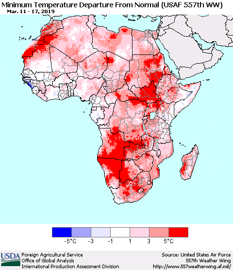 Africa Mean Minimum Temperature Departure from Normal (USAF 557th WW) Thematic Map For 3/11/2019 - 3/17/2019