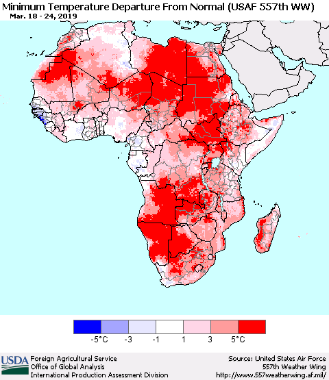 Africa Mean Minimum Temperature Departure from Normal (USAF 557th WW) Thematic Map For 3/18/2019 - 3/24/2019
