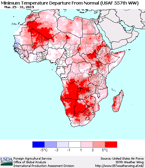Africa Mean Minimum Temperature Departure from Normal (USAF 557th WW) Thematic Map For 3/25/2019 - 3/31/2019