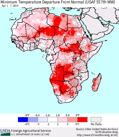 Africa Mean Minimum Temperature Departure from Normal (USAF 557th WW) Thematic Map For 4/1/2019 - 4/7/2019