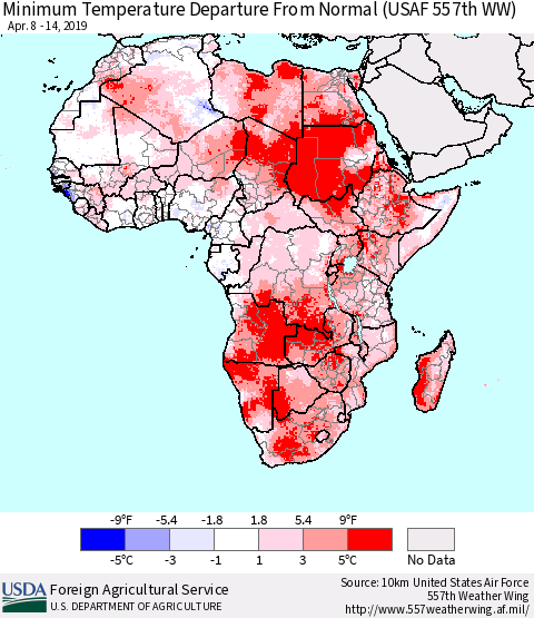 Africa Mean Minimum Temperature Departure from Normal (USAF 557th WW) Thematic Map For 4/8/2019 - 4/14/2019