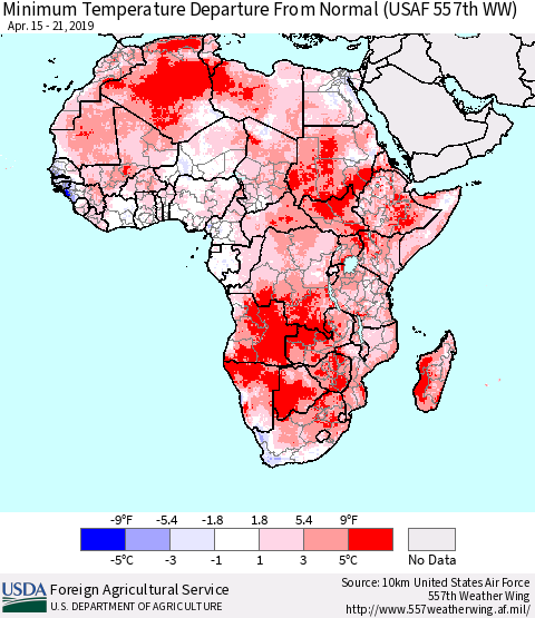 Africa Mean Minimum Temperature Departure from Normal (USAF 557th WW) Thematic Map For 4/15/2019 - 4/21/2019