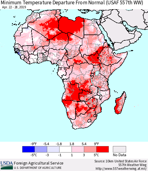 Africa Mean Minimum Temperature Departure from Normal (USAF 557th WW) Thematic Map For 4/22/2019 - 4/28/2019
