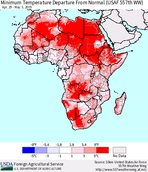 Africa Mean Minimum Temperature Departure from Normal (USAF 557th WW) Thematic Map For 4/29/2019 - 5/5/2019