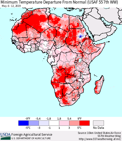 Africa Mean Minimum Temperature Departure from Normal (USAF 557th WW) Thematic Map For 5/6/2019 - 5/12/2019