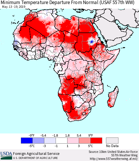 Africa Mean Minimum Temperature Departure from Normal (USAF 557th WW) Thematic Map For 5/13/2019 - 5/19/2019