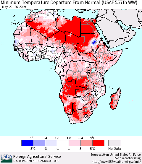 Africa Mean Minimum Temperature Departure from Normal (USAF 557th WW) Thematic Map For 5/20/2019 - 5/26/2019
