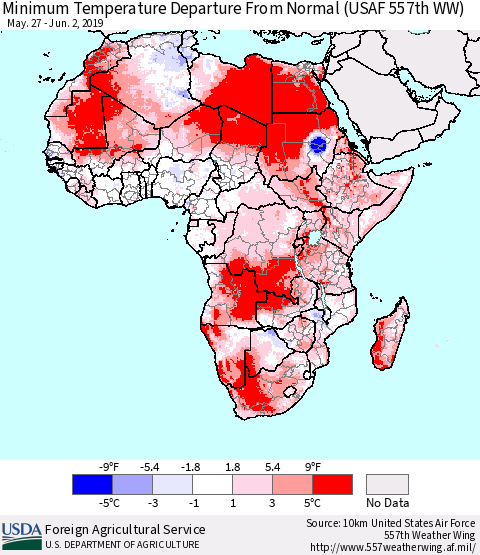 Africa Mean Minimum Temperature Departure from Normal (USAF 557th WW) Thematic Map For 5/27/2019 - 6/2/2019