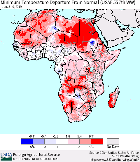 Africa Mean Minimum Temperature Departure from Normal (USAF 557th WW) Thematic Map For 6/3/2019 - 6/9/2019
