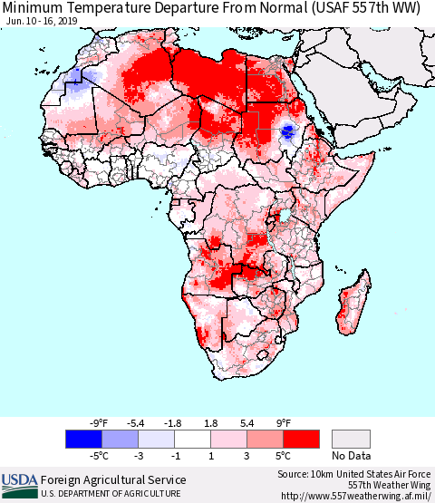 Africa Mean Minimum Temperature Departure from Normal (USAF 557th WW) Thematic Map For 6/10/2019 - 6/16/2019