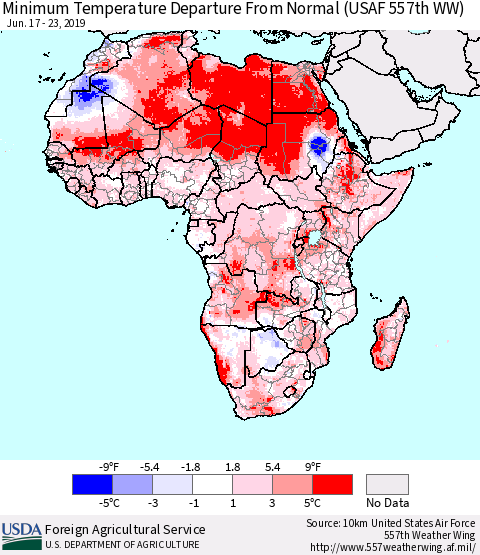 Africa Mean Minimum Temperature Departure from Normal (USAF 557th WW) Thematic Map For 6/17/2019 - 6/23/2019