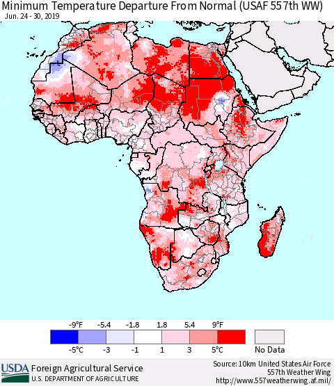 Africa Mean Minimum Temperature Departure from Normal (USAF 557th WW) Thematic Map For 6/24/2019 - 6/30/2019