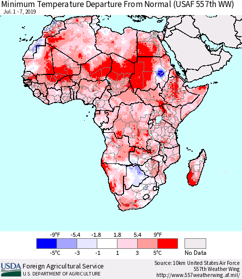 Africa Mean Minimum Temperature Departure from Normal (USAF 557th WW) Thematic Map For 7/1/2019 - 7/7/2019