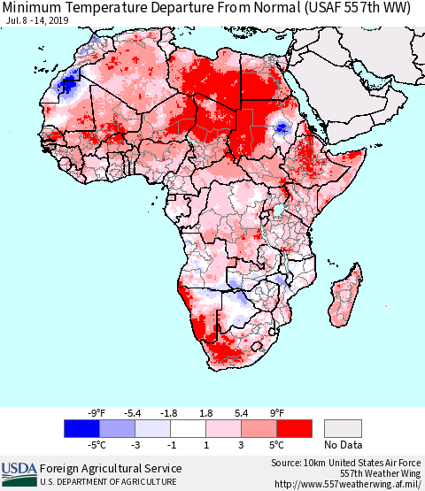 Africa Mean Minimum Temperature Departure from Normal (USAF 557th WW) Thematic Map For 7/8/2019 - 7/14/2019