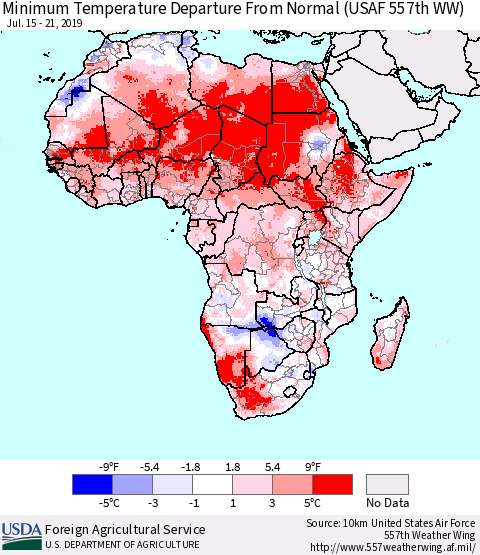 Africa Mean Minimum Temperature Departure from Normal (USAF 557th WW) Thematic Map For 7/15/2019 - 7/21/2019