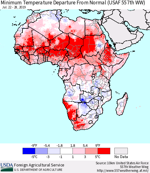 Africa Mean Minimum Temperature Departure from Normal (USAF 557th WW) Thematic Map For 7/22/2019 - 7/28/2019