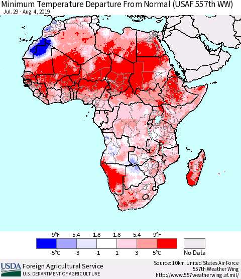 Africa Mean Minimum Temperature Departure from Normal (USAF 557th WW) Thematic Map For 7/29/2019 - 8/4/2019