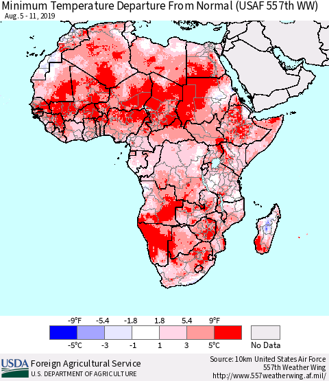 Africa Mean Minimum Temperature Departure from Normal (USAF 557th WW) Thematic Map For 8/5/2019 - 8/11/2019