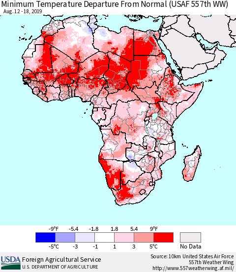 Africa Mean Minimum Temperature Departure from Normal (USAF 557th WW) Thematic Map For 8/12/2019 - 8/18/2019