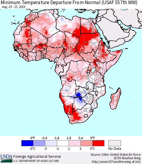 Africa Mean Minimum Temperature Departure from Normal (USAF 557th WW) Thematic Map For 8/19/2019 - 8/25/2019