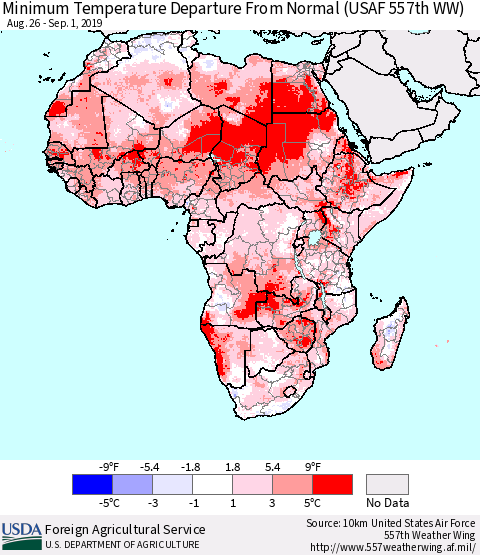 Africa Mean Minimum Temperature Departure from Normal (USAF 557th WW) Thematic Map For 8/26/2019 - 9/1/2019