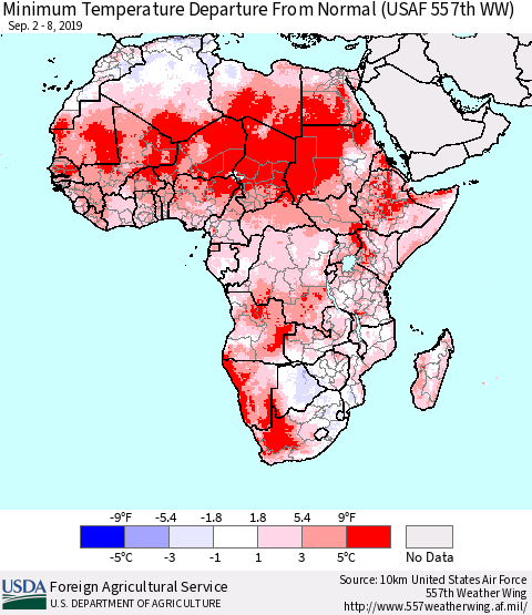 Africa Mean Minimum Temperature Departure from Normal (USAF 557th WW) Thematic Map For 9/2/2019 - 9/8/2019