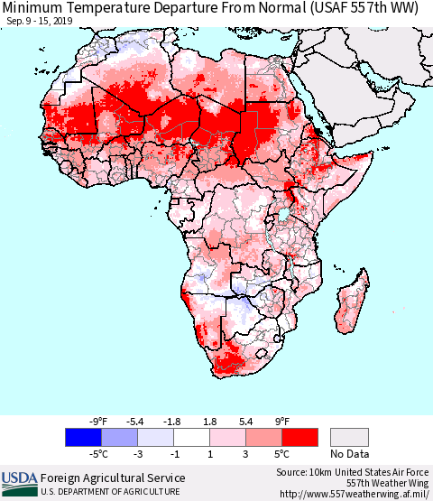 Africa Mean Minimum Temperature Departure from Normal (USAF 557th WW) Thematic Map For 9/9/2019 - 9/15/2019