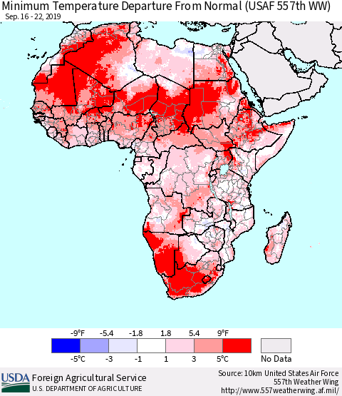 Africa Mean Minimum Temperature Departure from Normal (USAF 557th WW) Thematic Map For 9/16/2019 - 9/22/2019