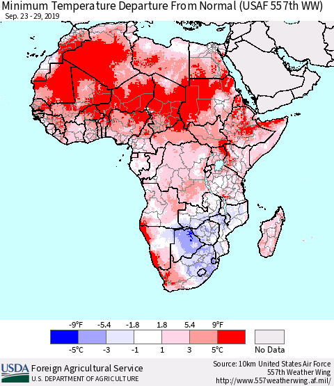 Africa Mean Minimum Temperature Departure from Normal (USAF 557th WW) Thematic Map For 9/23/2019 - 9/29/2019
