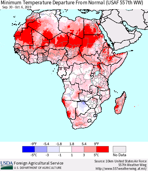 Africa Mean Minimum Temperature Departure from Normal (USAF 557th WW) Thematic Map For 9/30/2019 - 10/6/2019