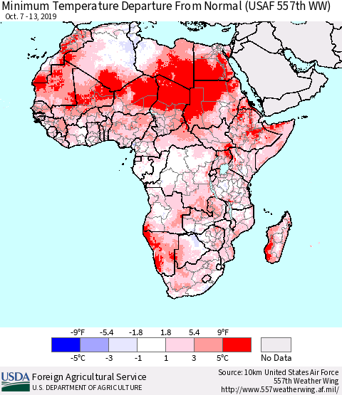 Africa Mean Minimum Temperature Departure from Normal (USAF 557th WW) Thematic Map For 10/7/2019 - 10/13/2019