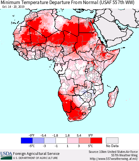 Africa Mean Minimum Temperature Departure from Normal (USAF 557th WW) Thematic Map For 10/14/2019 - 10/20/2019