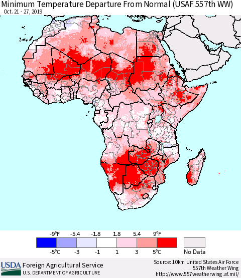 Africa Mean Minimum Temperature Departure from Normal (USAF 557th WW) Thematic Map For 10/21/2019 - 10/27/2019