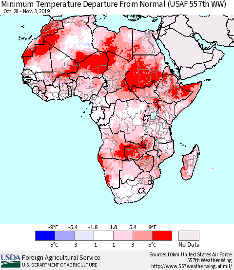 Africa Mean Minimum Temperature Departure from Normal (USAF 557th WW) Thematic Map For 10/28/2019 - 11/3/2019