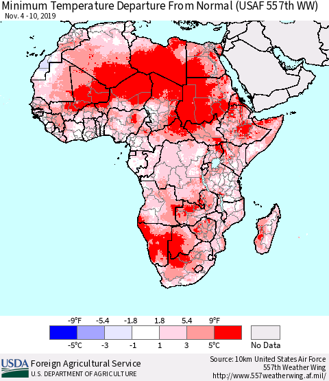 Africa Mean Minimum Temperature Departure from Normal (USAF 557th WW) Thematic Map For 11/4/2019 - 11/10/2019