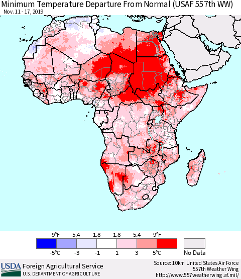 Africa Mean Minimum Temperature Departure from Normal (USAF 557th WW) Thematic Map For 11/11/2019 - 11/17/2019