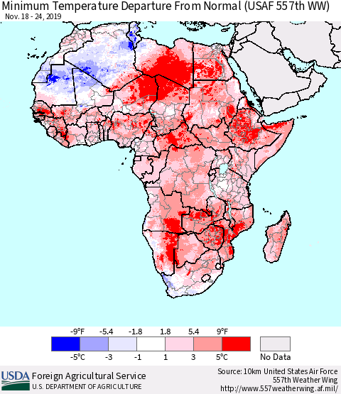 Africa Mean Minimum Temperature Departure from Normal (USAF 557th WW) Thematic Map For 11/18/2019 - 11/24/2019