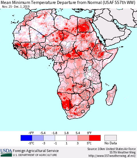 Africa Mean Minimum Temperature Departure from Normal (USAF 557th WW) Thematic Map For 11/25/2019 - 12/1/2019
