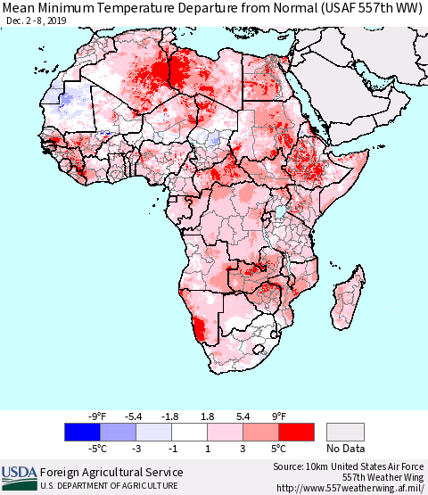 Africa Mean Minimum Temperature Departure from Normal (USAF 557th WW) Thematic Map For 12/2/2019 - 12/8/2019