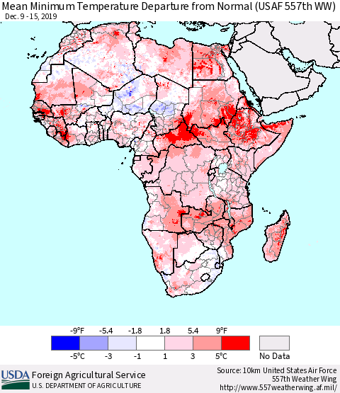 Africa Mean Minimum Temperature Departure from Normal (USAF 557th WW) Thematic Map For 12/9/2019 - 12/15/2019