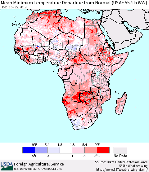 Africa Mean Minimum Temperature Departure from Normal (USAF 557th WW) Thematic Map For 12/16/2019 - 12/22/2019