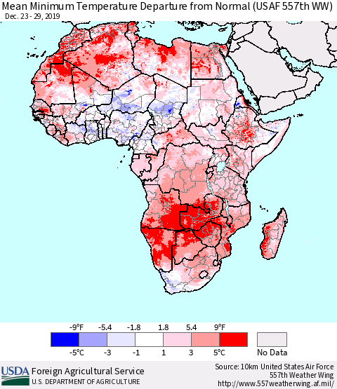 Africa Mean Minimum Temperature Departure from Normal (USAF 557th WW) Thematic Map For 12/23/2019 - 12/29/2019