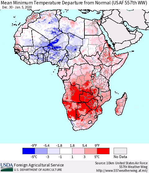 Africa Mean Minimum Temperature Departure from Normal (USAF 557th WW) Thematic Map For 12/30/2019 - 1/5/2020