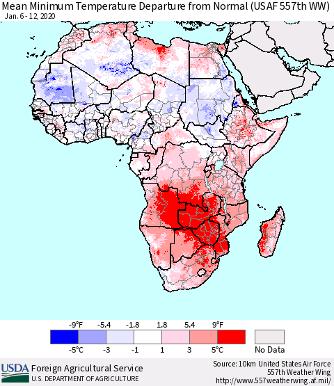 Africa Mean Minimum Temperature Departure from Normal (USAF 557th WW) Thematic Map For 1/6/2020 - 1/12/2020