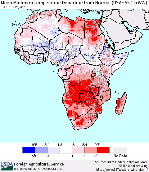 Africa Mean Minimum Temperature Departure from Normal (USAF 557th WW) Thematic Map For 1/13/2020 - 1/19/2020