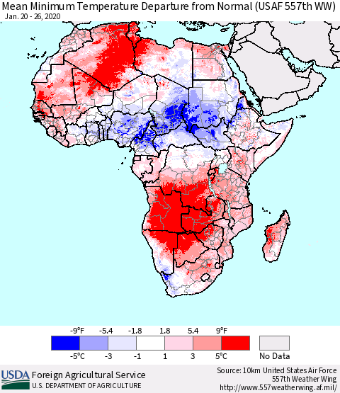 Africa Mean Minimum Temperature Departure from Normal (USAF 557th WW) Thematic Map For 1/20/2020 - 1/26/2020