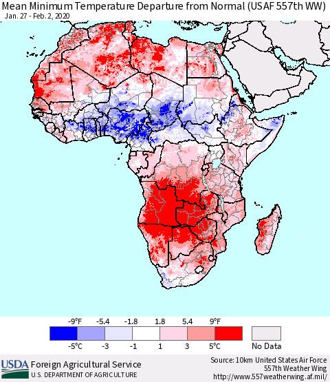 Africa Mean Minimum Temperature Departure from Normal (USAF 557th WW) Thematic Map For 1/27/2020 - 2/2/2020