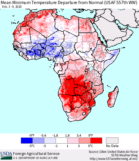 Africa Mean Minimum Temperature Departure from Normal (USAF 557th WW) Thematic Map For 2/3/2020 - 2/9/2020